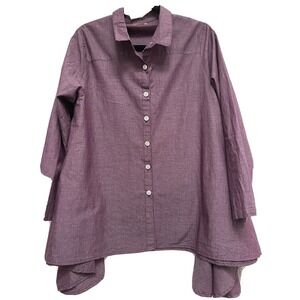 Tulip Purple Cotton Button Down Flared Trapeze‎ Hem Lagenlook Tunic Size XS